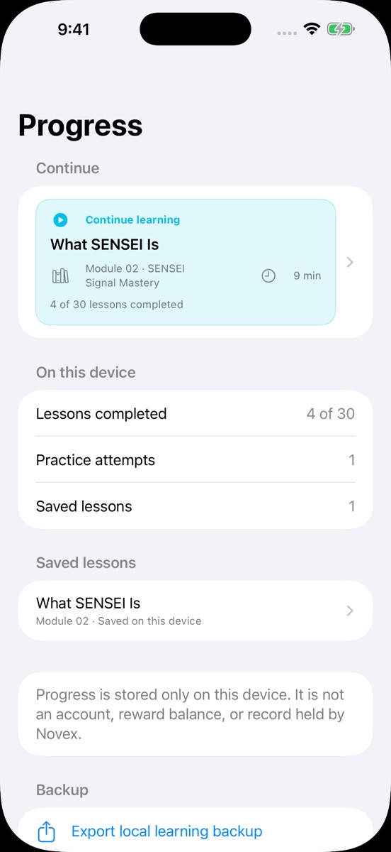 Novex Academy iOS local progress screen from the App Store listing